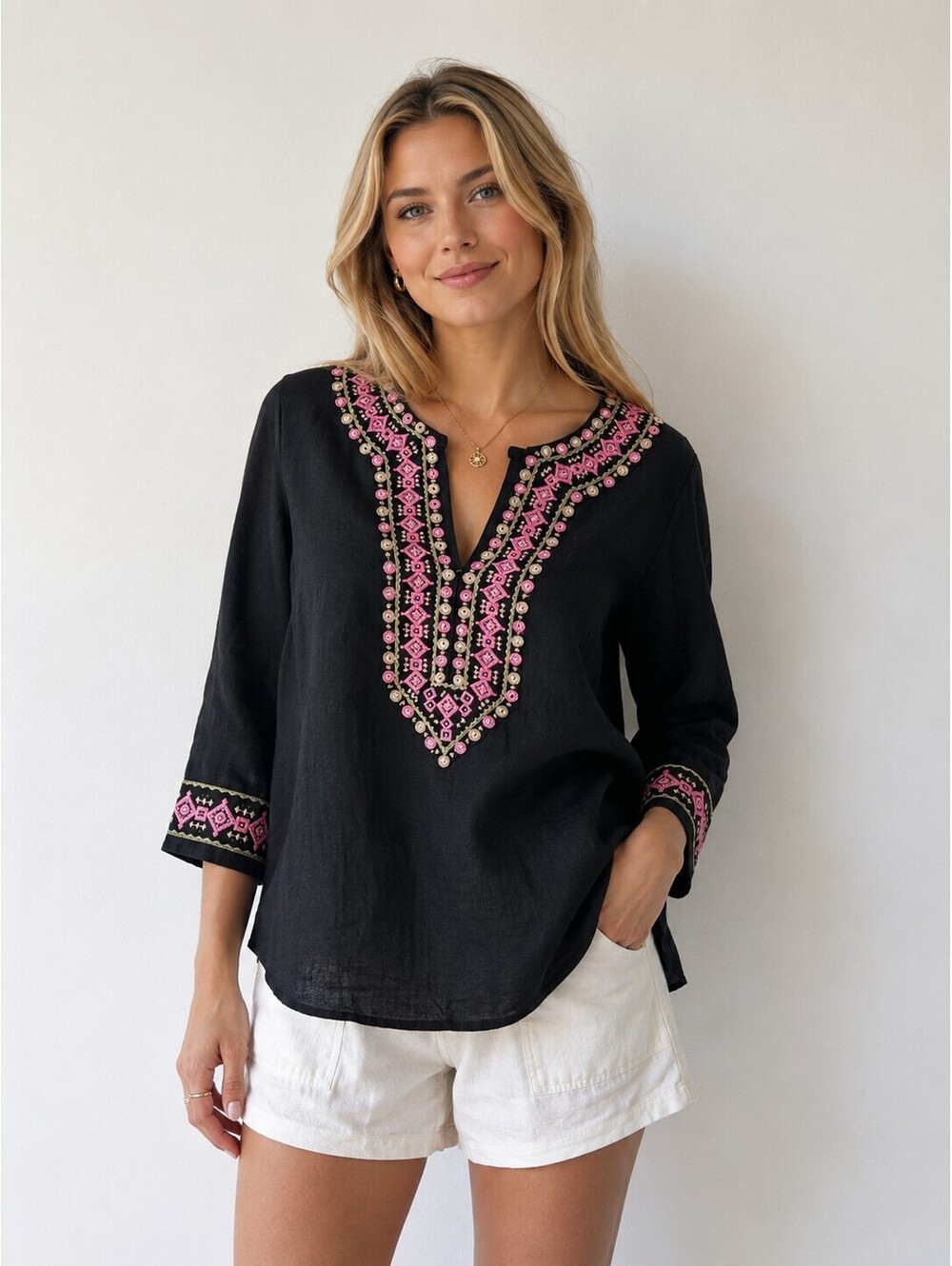 Carole Little Black 100% Linen Embroidered Tunic Top Boho Pink Floral Size L - Picture 1 of 6